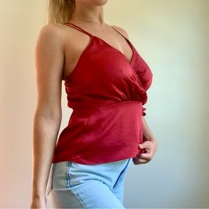 Deep V, wrap front strappy red camisole